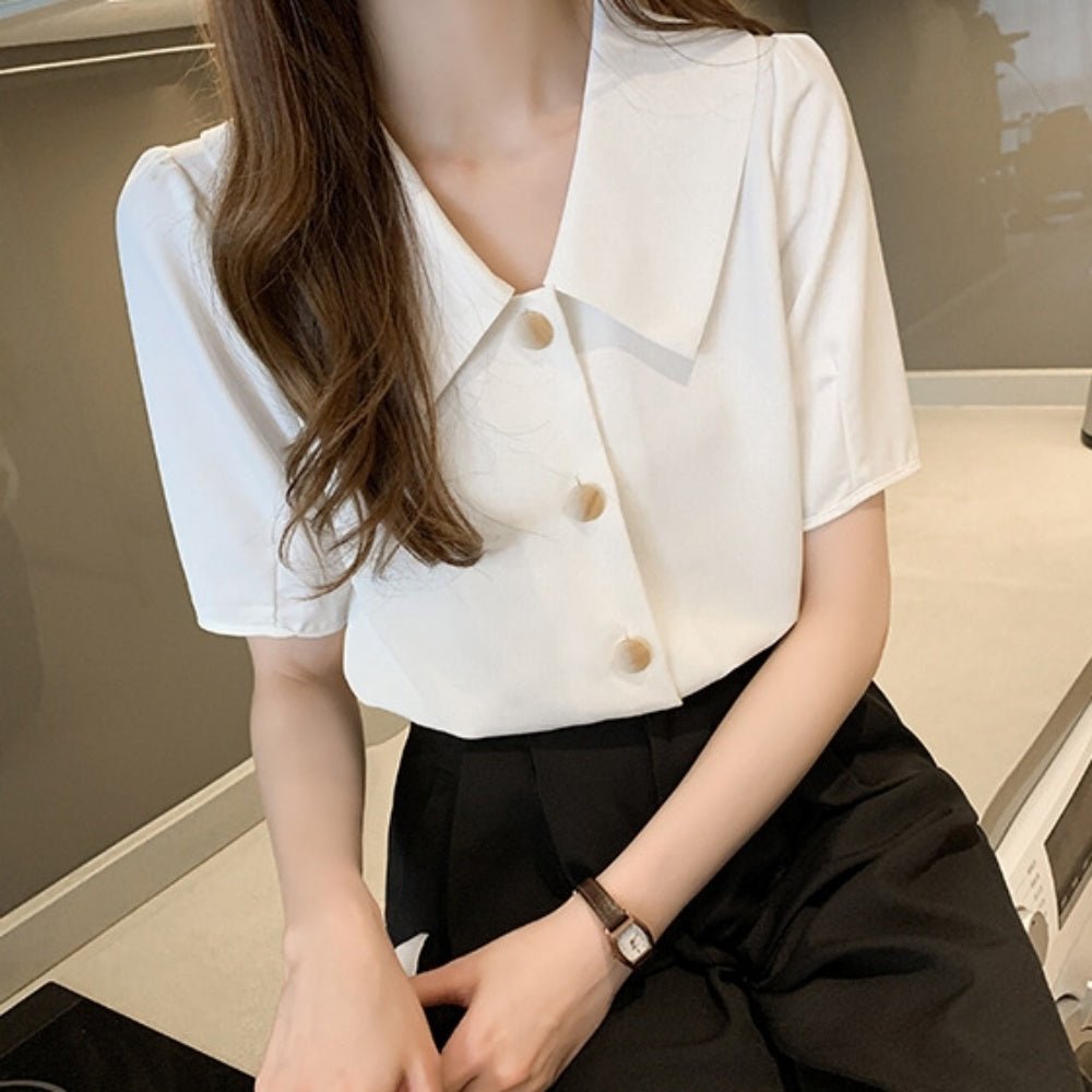レトロ襟半袖シフォンブラウス