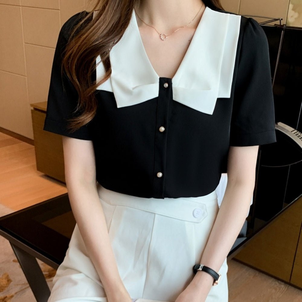 バイカラーパールボタンブラウス