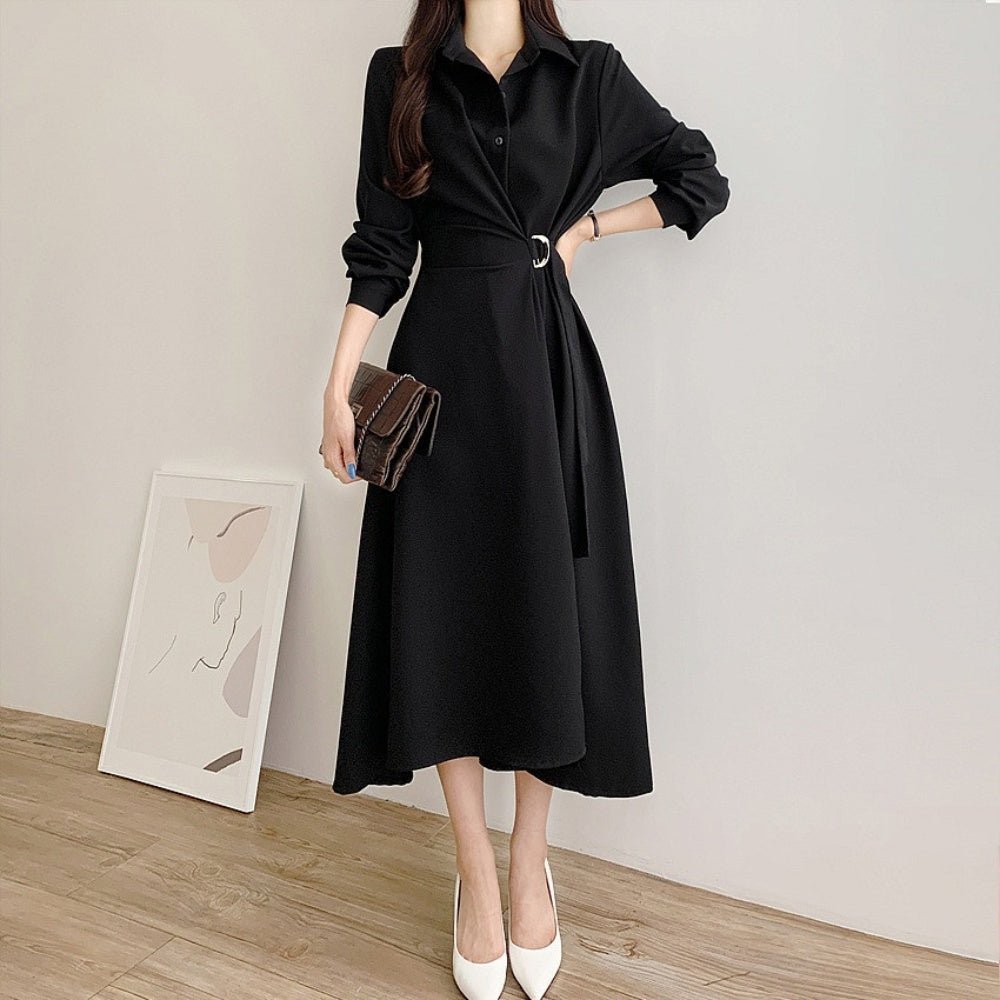 襟付きウエストベルトフレアワンピース|オフィスカジュアル レディース 通販【ミレジェネ】