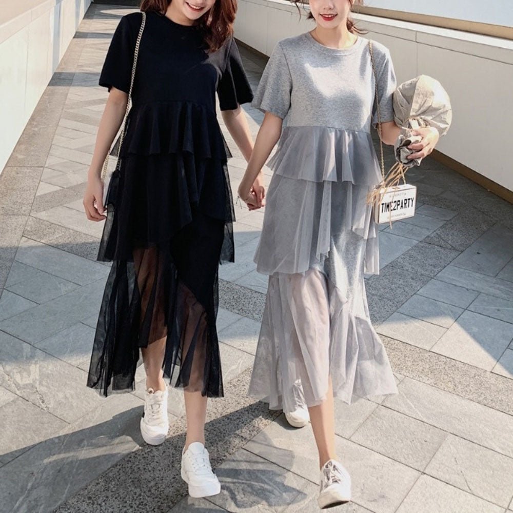 裾シースルードレープ半袖ワンピース - Millennial Generation