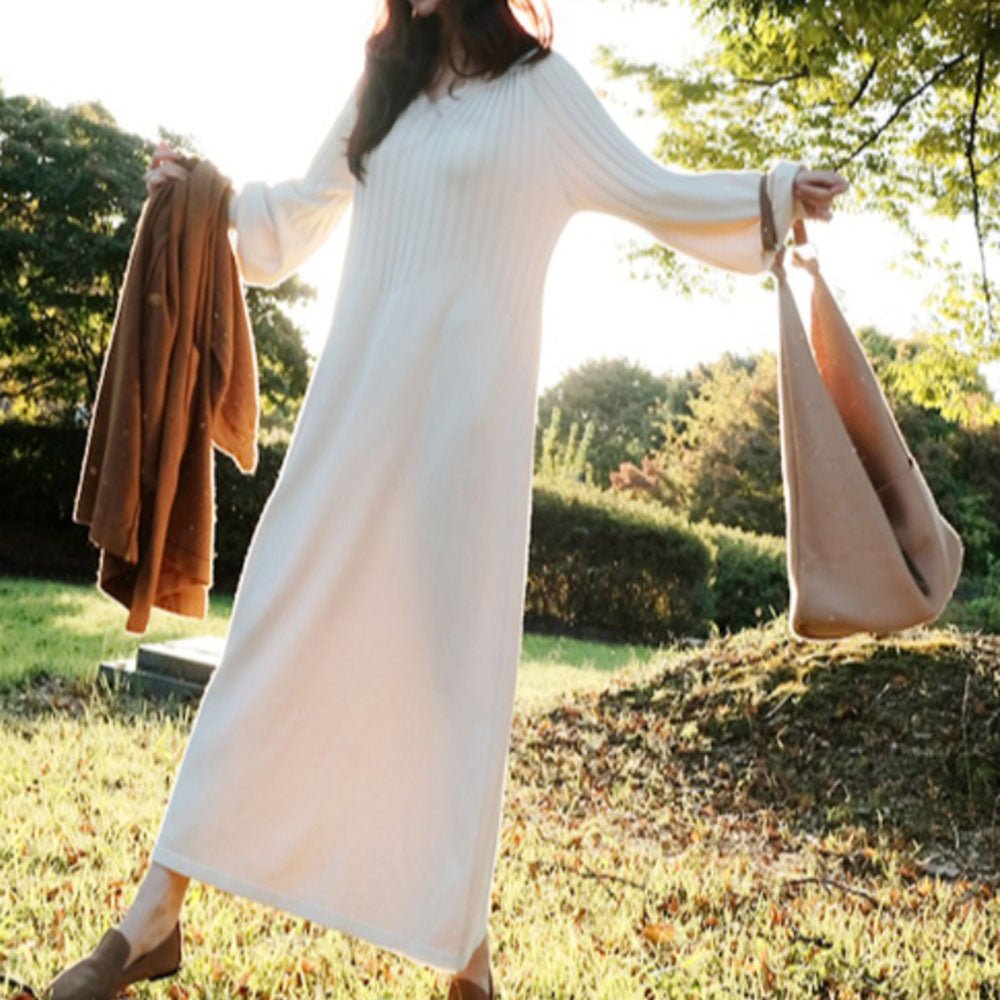 キーネックリブニットロングワンピース