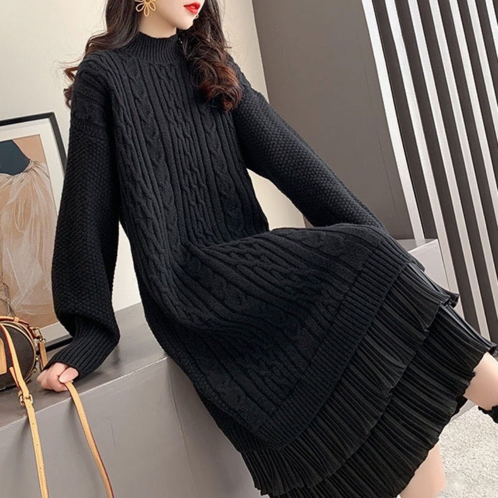 裾フリルロングニットワンピース