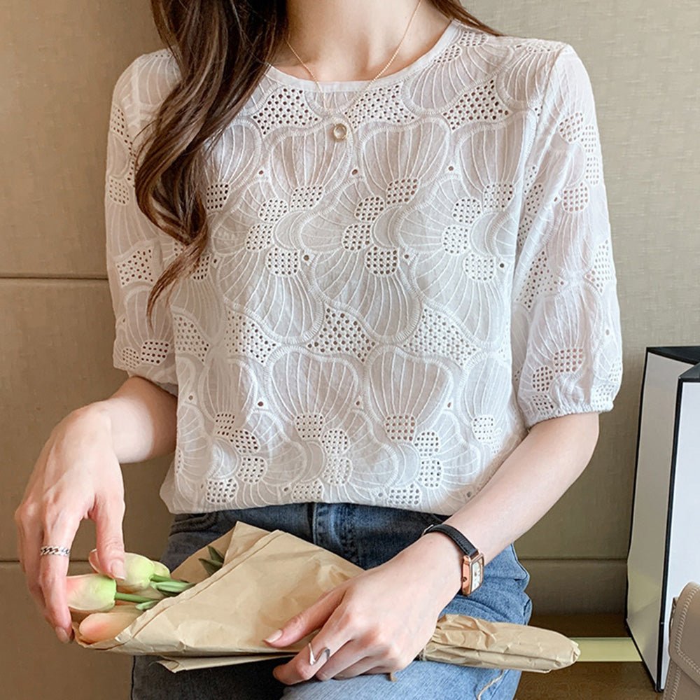 総柄コットンレースカットソー|オフィスカジュアル レディース 通販【ミレジェネ】