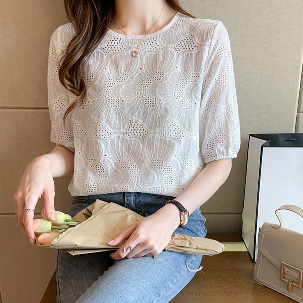 総柄コットンレースカットソー|オフィスカジュアル レディース 通販【ミレジェネ】