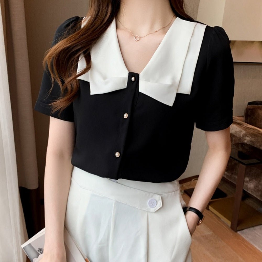 オフィスカジュアル 夏 バイカラーパールボタンブラウス ミレジェネ
