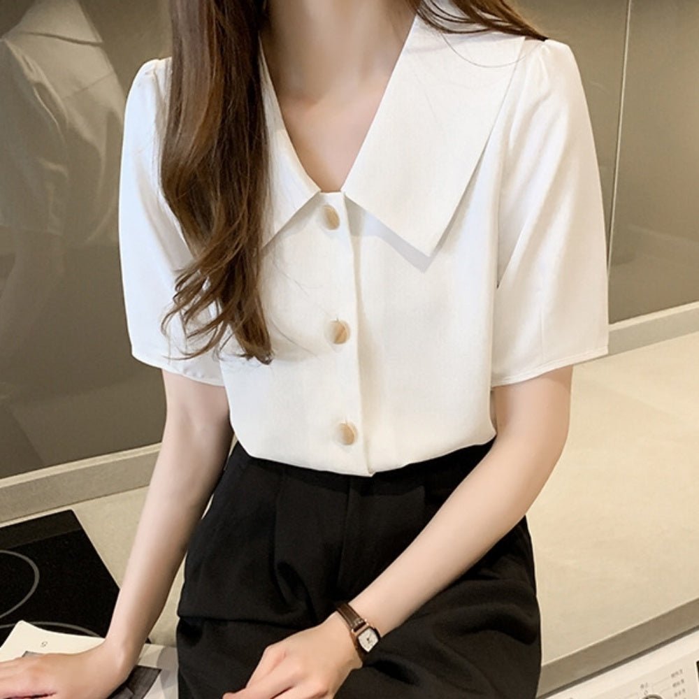 レトロ襟半袖シフォンブラウス