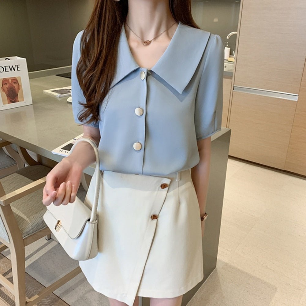 <即納>レトロ襟半袖シフォンブラウス|オフィスカジュアル レディース 通販 Millennial Generation【ミレジェネ】