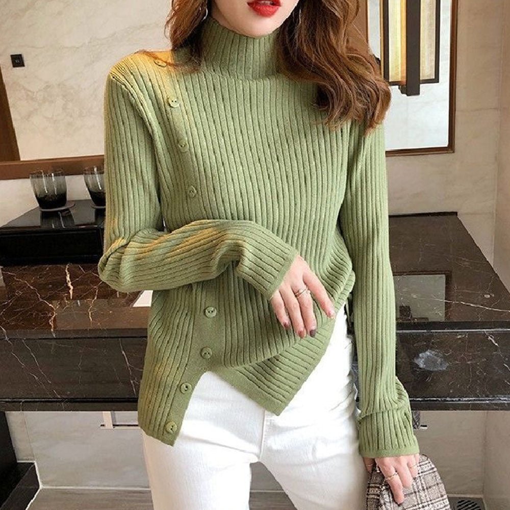 オフィスカジュアル 冬 ハーフネックボタンモチーフニット ミレジェネ