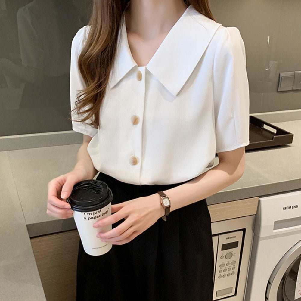 レトロ襟半袖シフォンブラウス