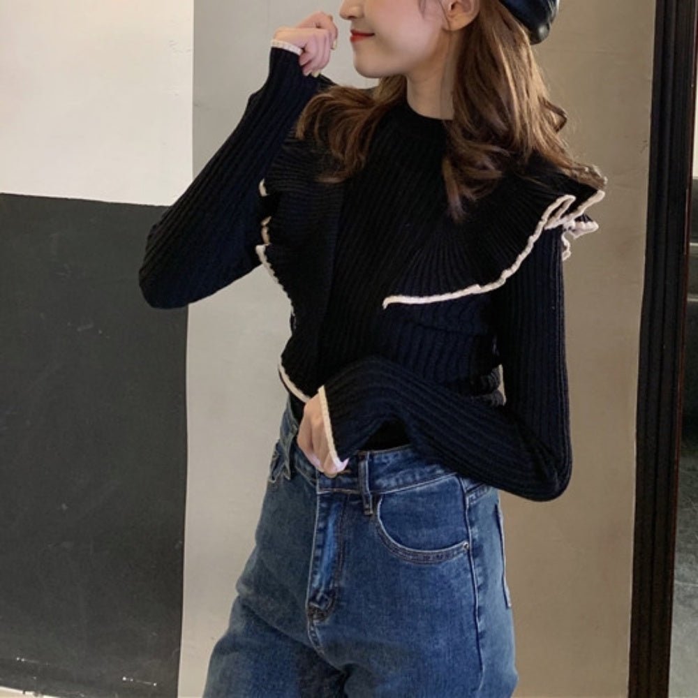アシンメトリーフリルリブニット