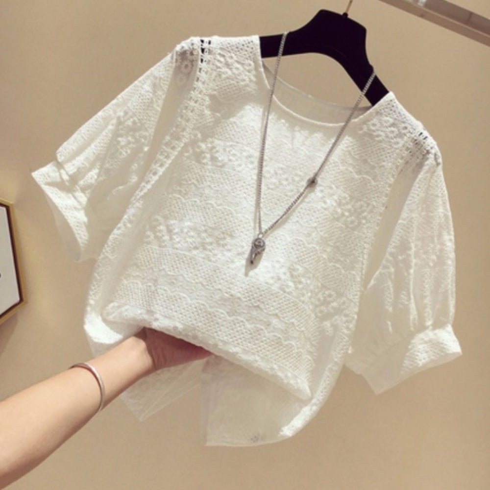 ラウンドネック花柄シースルートップス