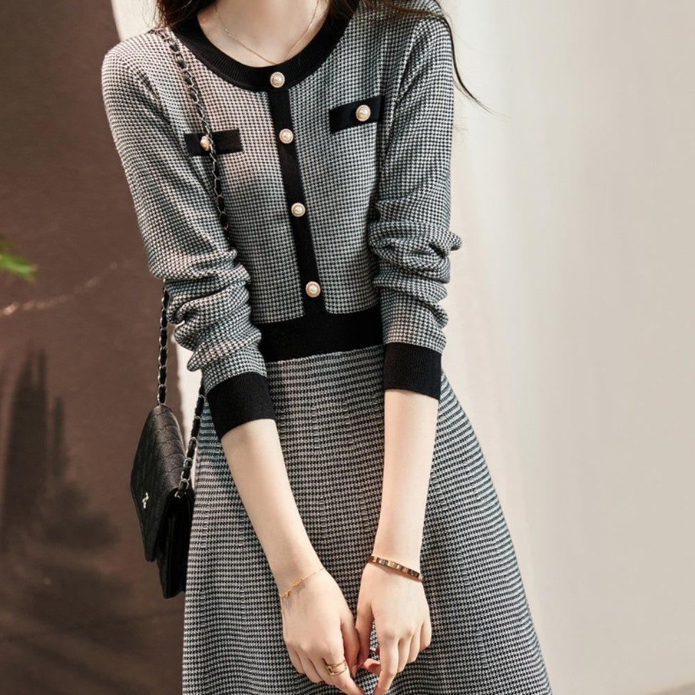 千鳥柄クルーネックワンピース|オフィスカジュアル レディース 通販【ミレジェネ】