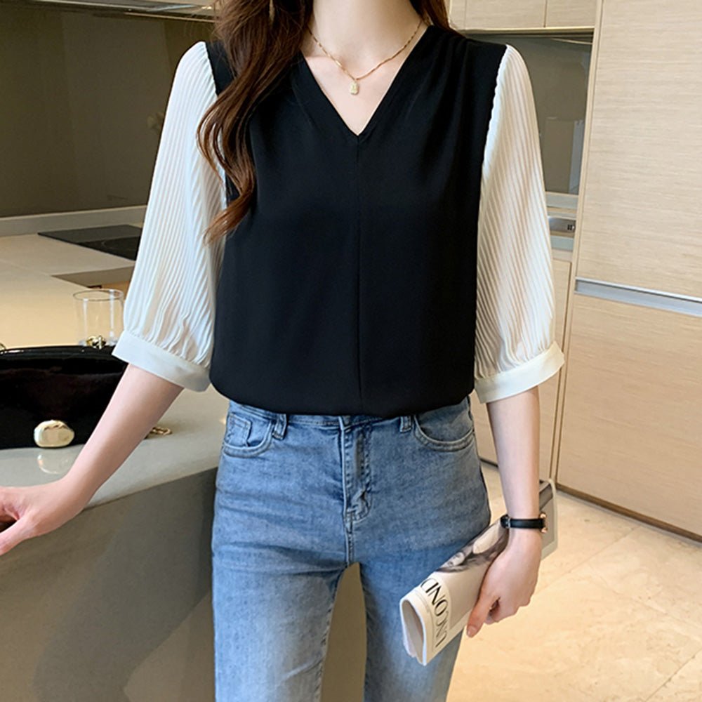 配色デザイン切り替えプリーツブラウス|オフィスカジュアル レディース 通販【ミレジェネ】