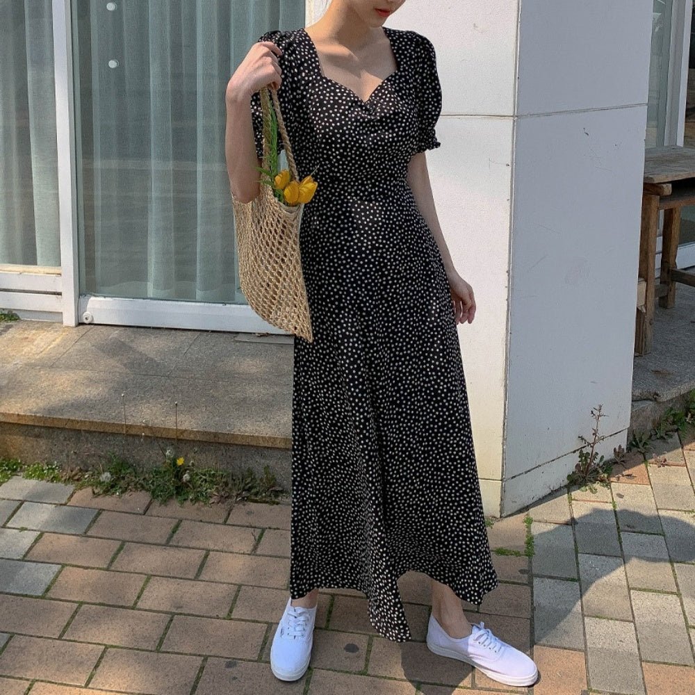 オフィスカジュアル 夏 小花柄パフスリーブロングワンピース ミレジェネ