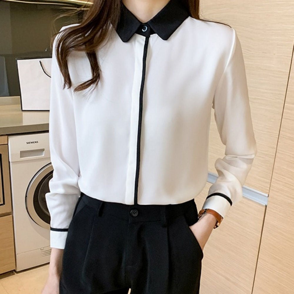 オフィスカジュアル 秋 シングルブレストバイカラーブラウス ミレジェネ