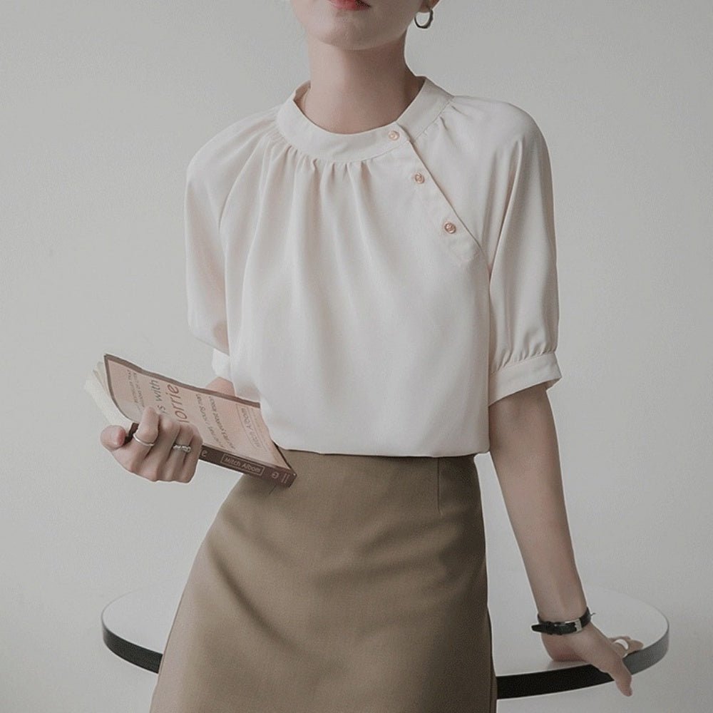 ボタン付きバンドカラーブラウス|オフィスカジュアル レディース 通販【ミレジェネ】