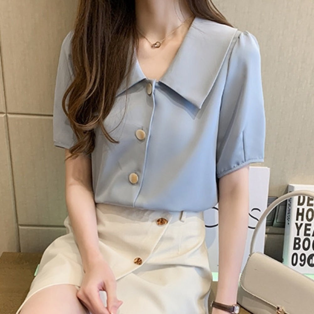 レトロ襟半袖シフォンブラウス