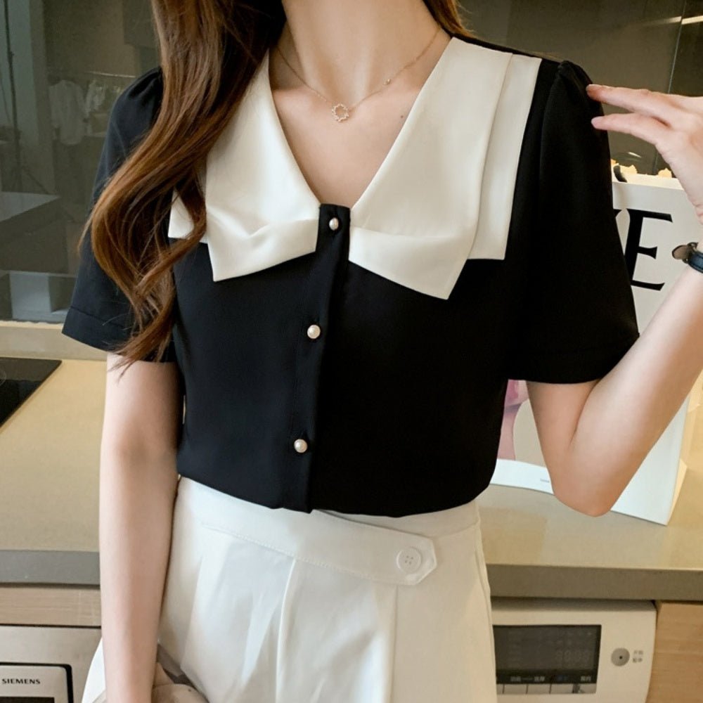 バイカラーパールボタンブラウス