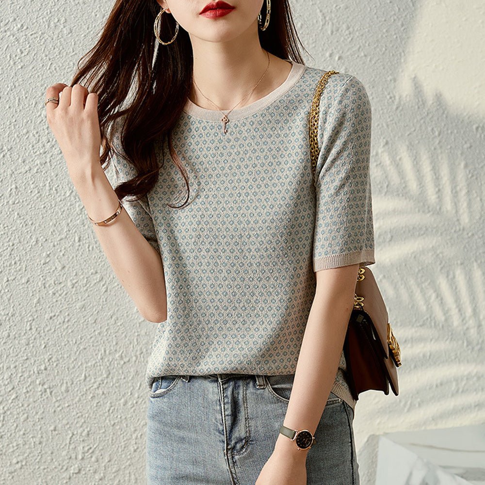 クルーネック総柄サマーニットトップス|オフィスカジュアル レディース 通販【ミレジェネ】