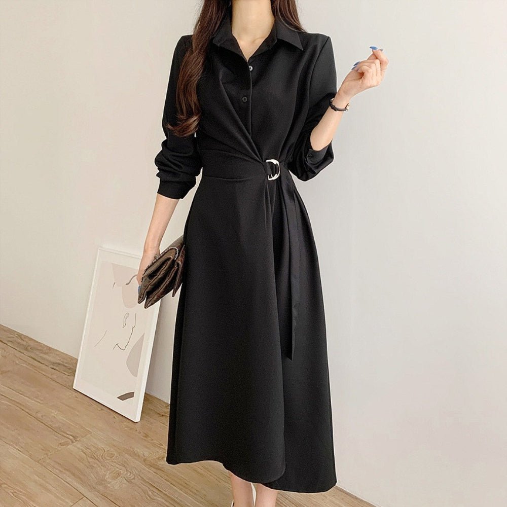 襟付きウエストベルトフレアワンピース|オフィスカジュアル レディース 通販【ミレジェネ】