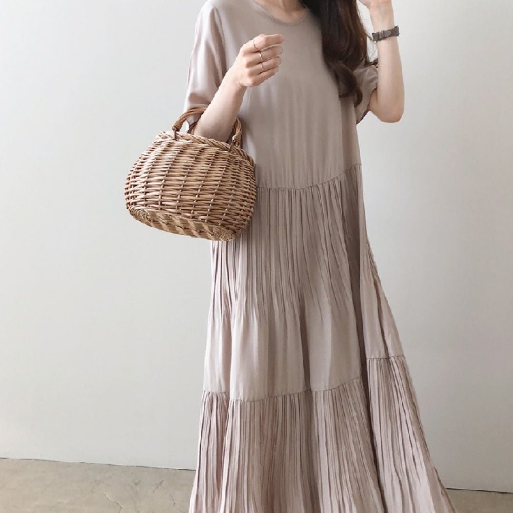 ゆったりラウンドネック半袖ロングワンピース