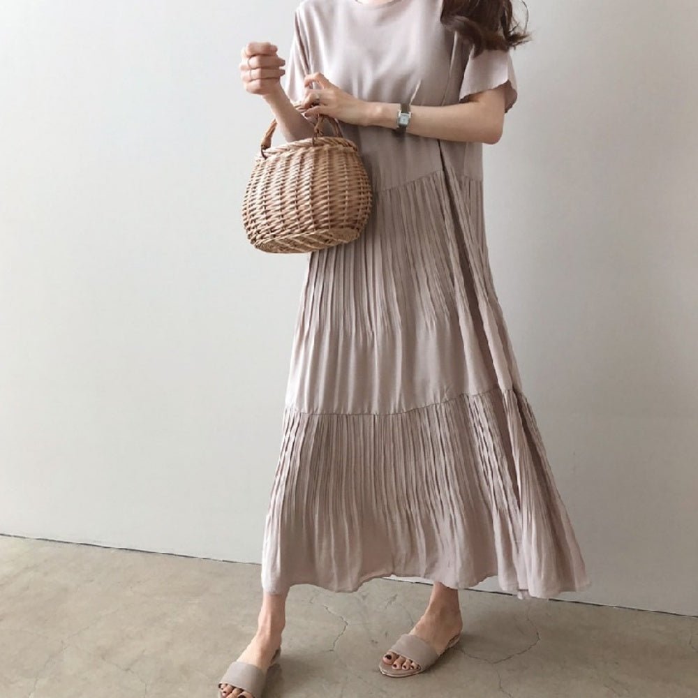 ゆったりラウンドネック半袖ロングワンピース