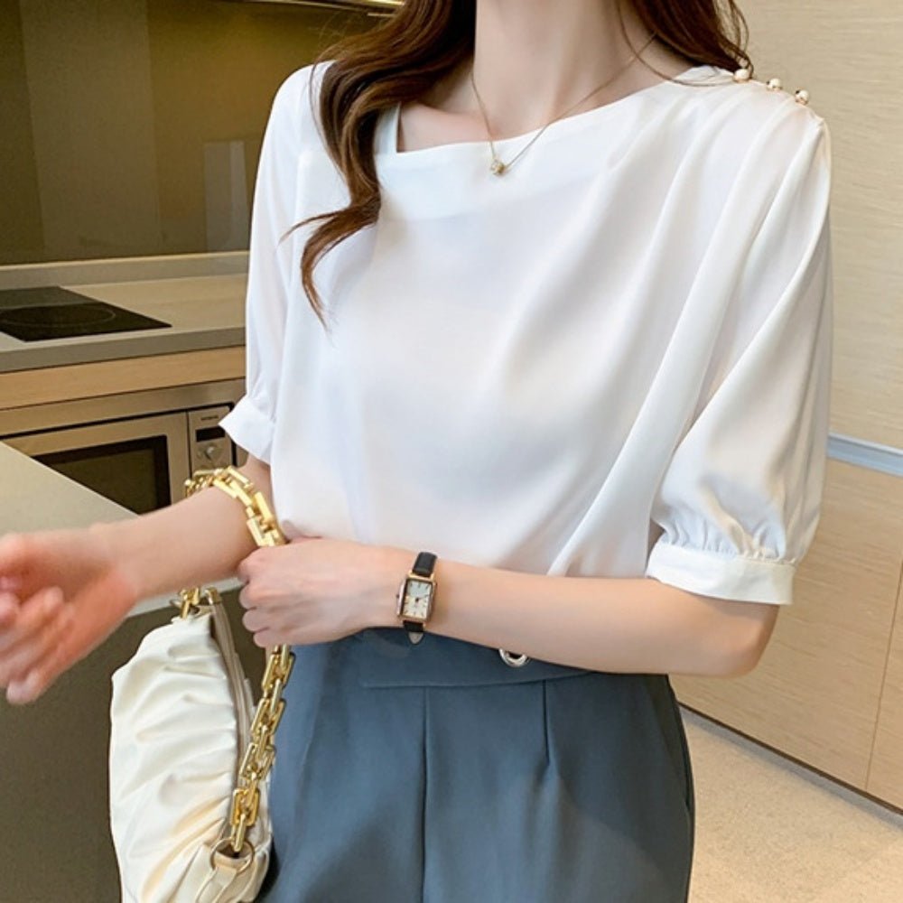 アシンメトリーサテン半袖シャツ|オフィスカジュアル レディース 通販【ミレジェネ】