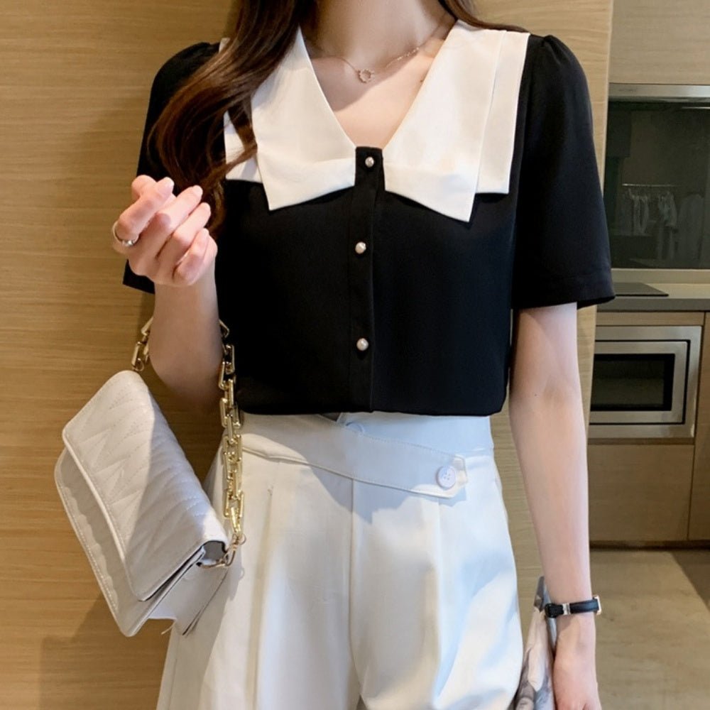 バイカラーパールボタンブラウス