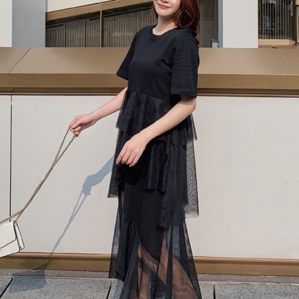 裾シースルードレープ半袖ワンピース - Millennial Generation