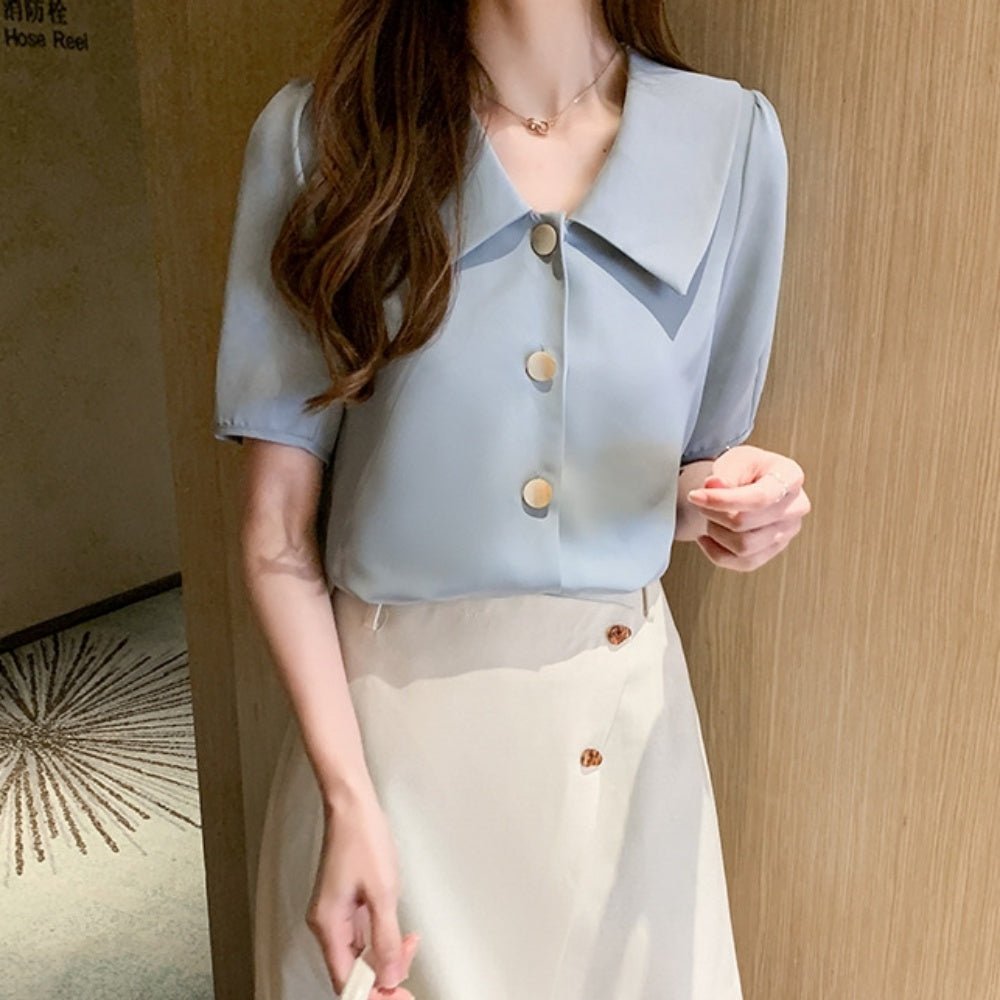 レトロ襟半袖シフォンブラウス