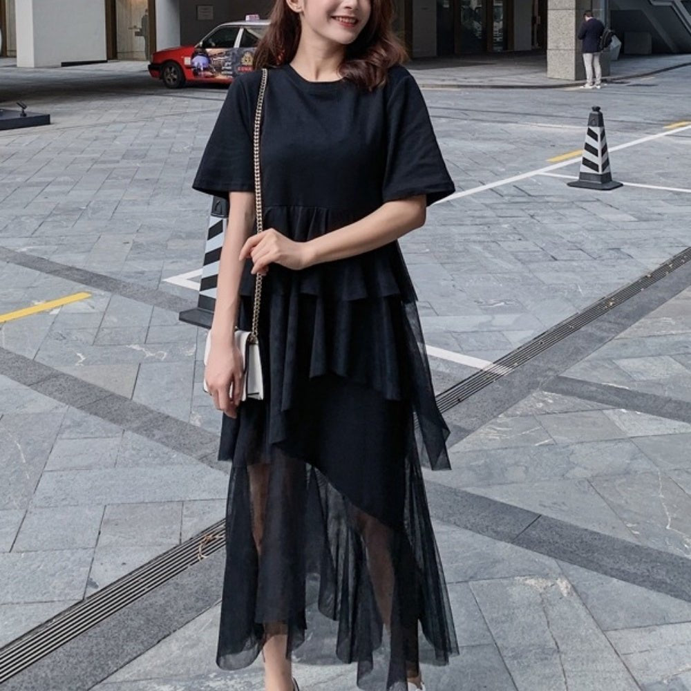 裾シースルードレープ半袖ワンピース - Millennial Generation