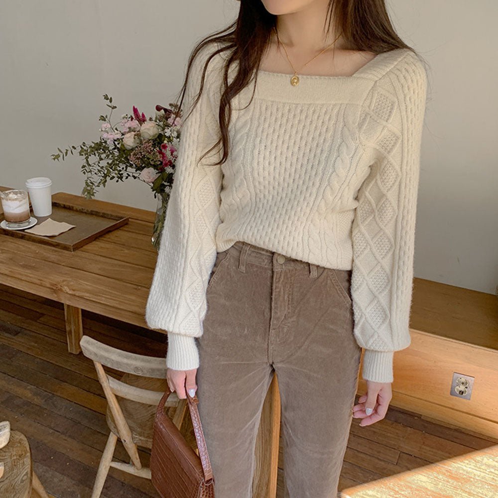 スクエアネックケーブルニット