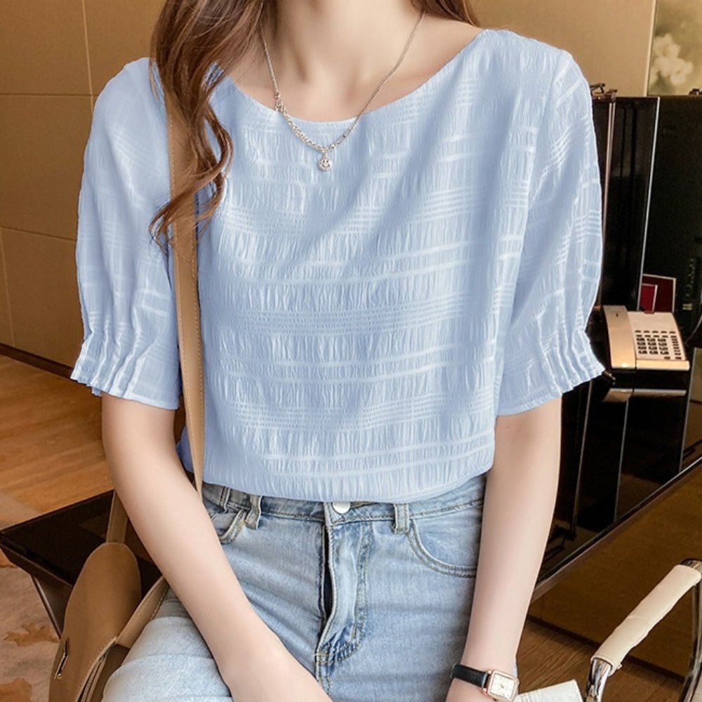 クルーネック袖タックカットソー