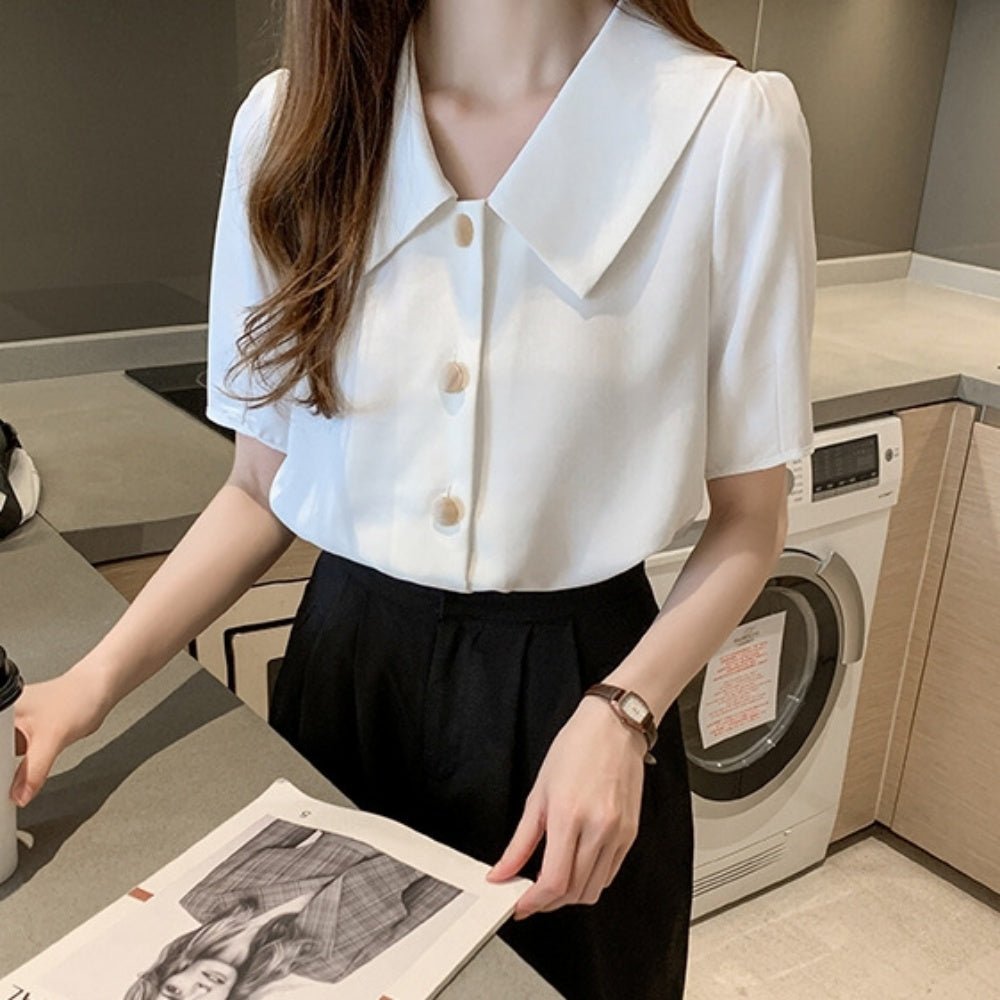 レトロ襟半袖シフォンブラウス