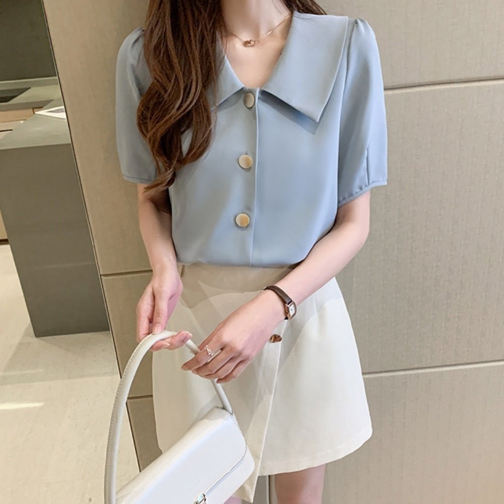 レトロ襟半袖シフォンブラウス