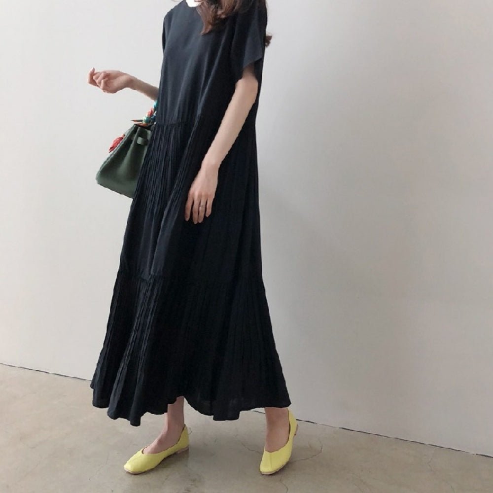 ゆったりラウンドネック半袖ロングワンピース