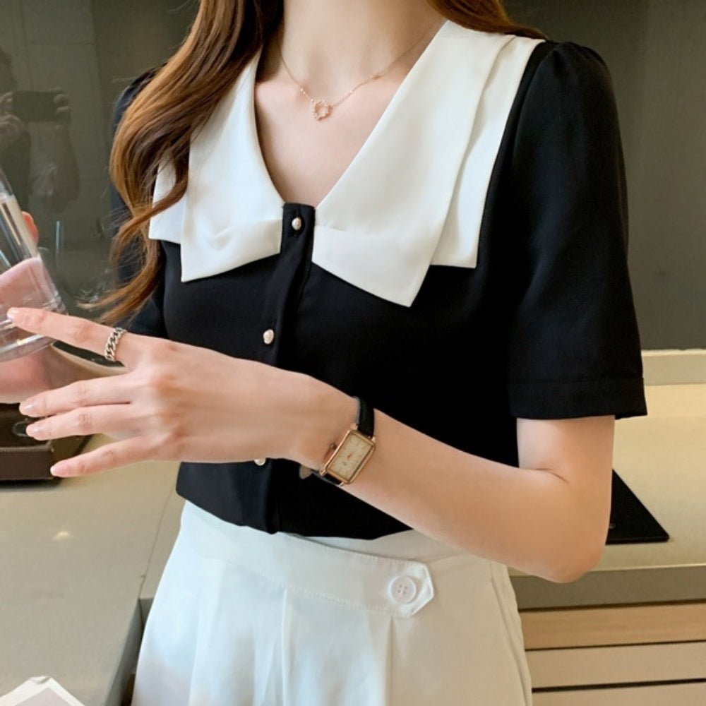 バイカラーパールボタンブラウス