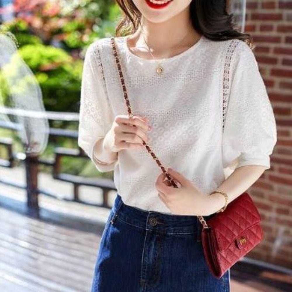 ラウンドネック花柄シースルートップス