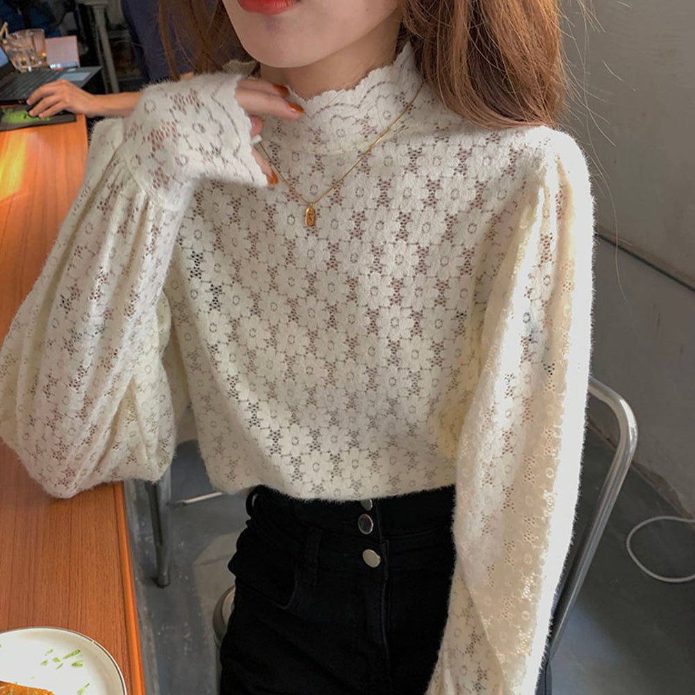 ハイネックランタンスリーブフラワーカットソー|オフィスカジュアル レディース 通販【ミレジェネ】