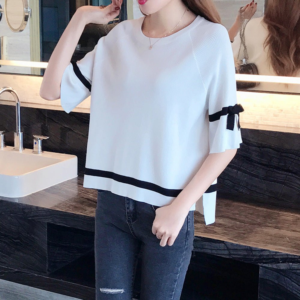 リボンスリーブ半袖ニットトップス|オフィスカジュアル レディース 通販【ミレジェネ】