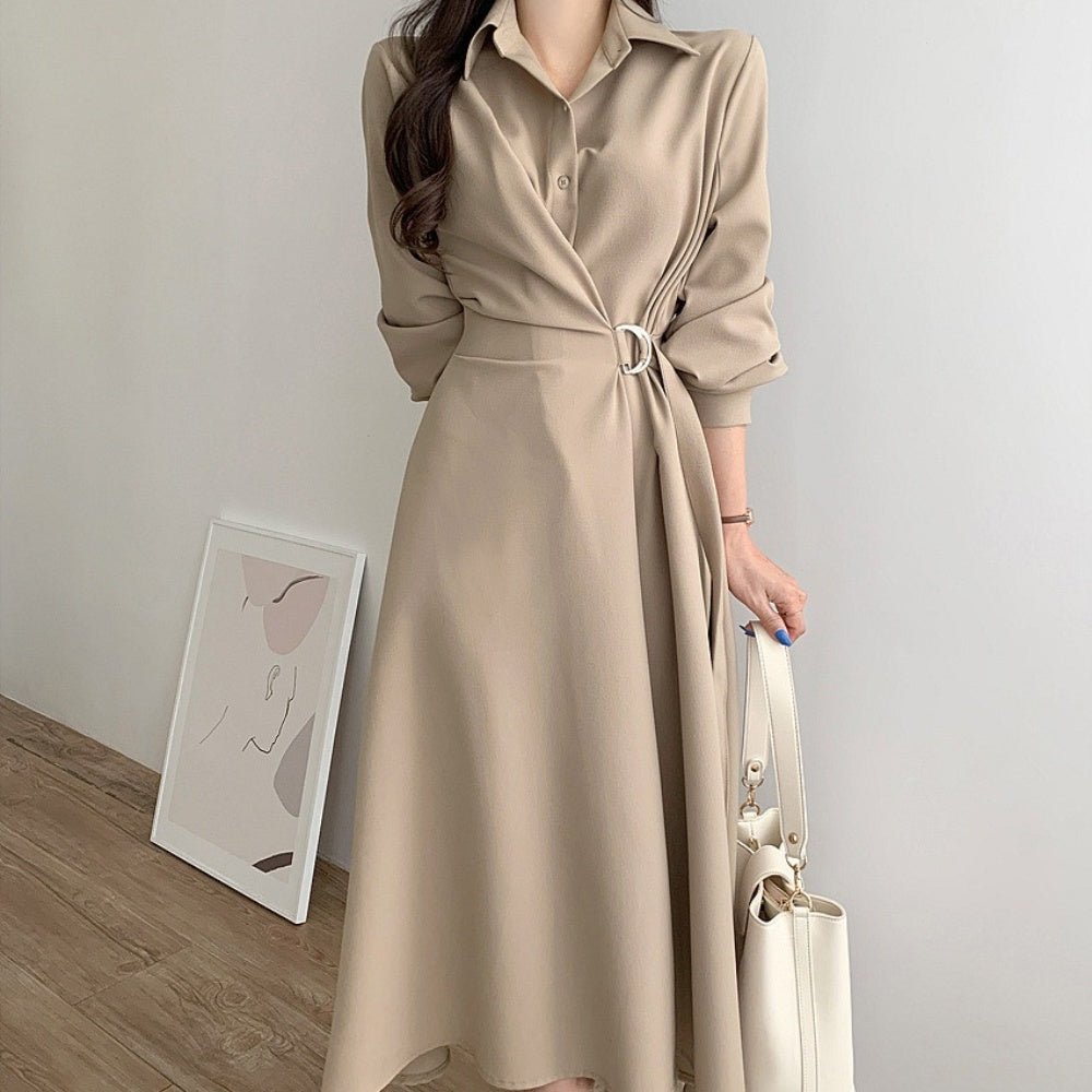 襟付きウエストベルトフレアワンピース|オフィスカジュアル レディース 通販【ミレジェネ】