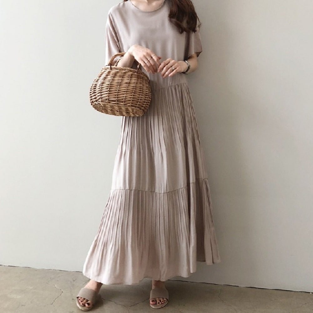 オフィスカジュアル 春 ゆったりラウンドネック半袖ロングワンピース ミレジェネ