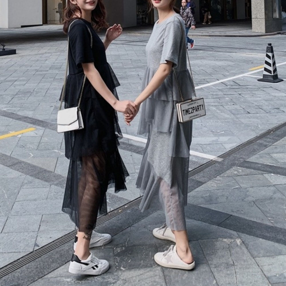 裾シースルードレープ半袖ワンピース - Millennial Generation