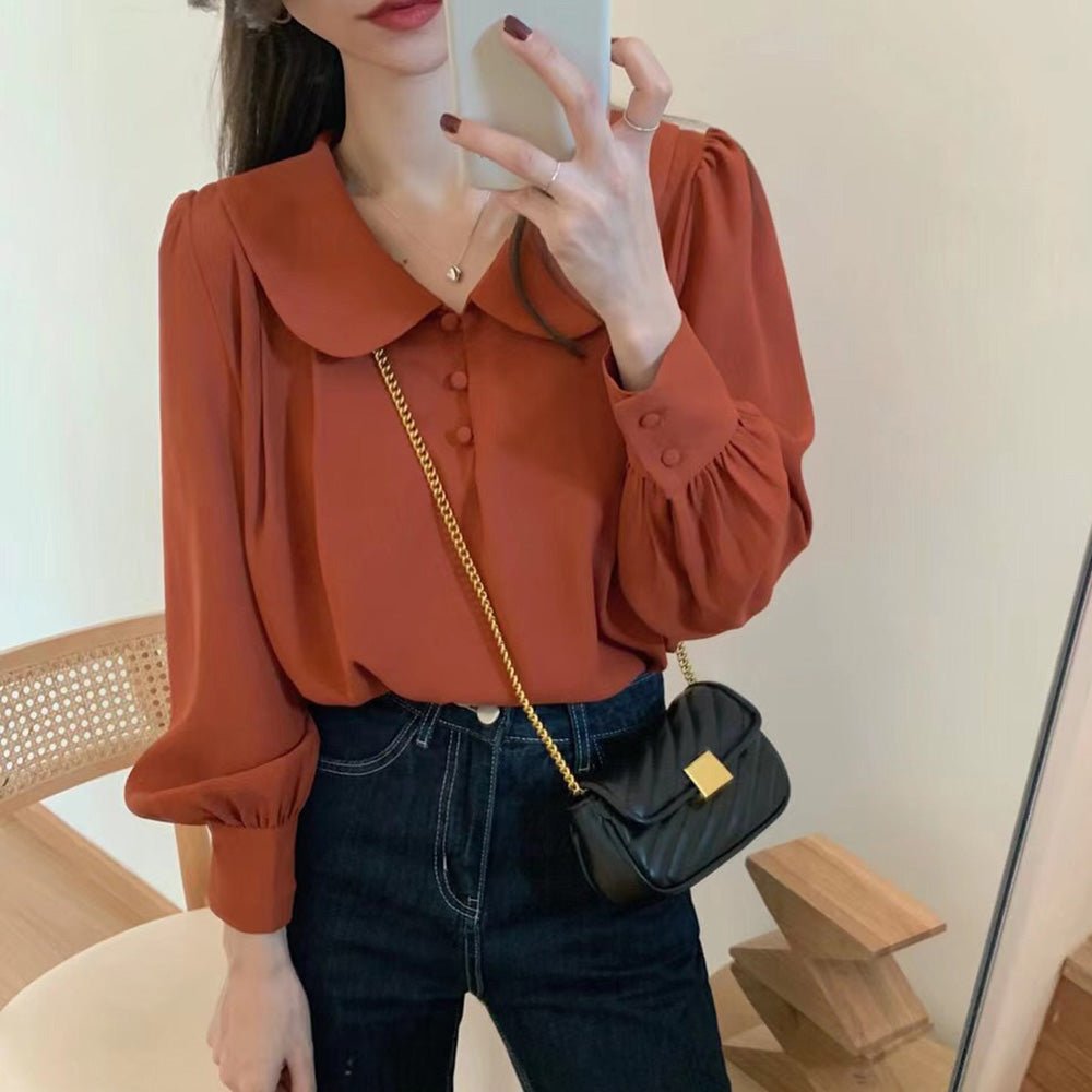 オフィスカジュアル 秋 丸襟くるみボタンブラウス ミレジェネ