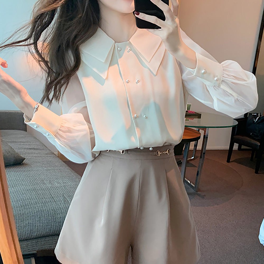 オフィスカジュアル 秋 ダブルパールボタンブラウス ミレジェネ