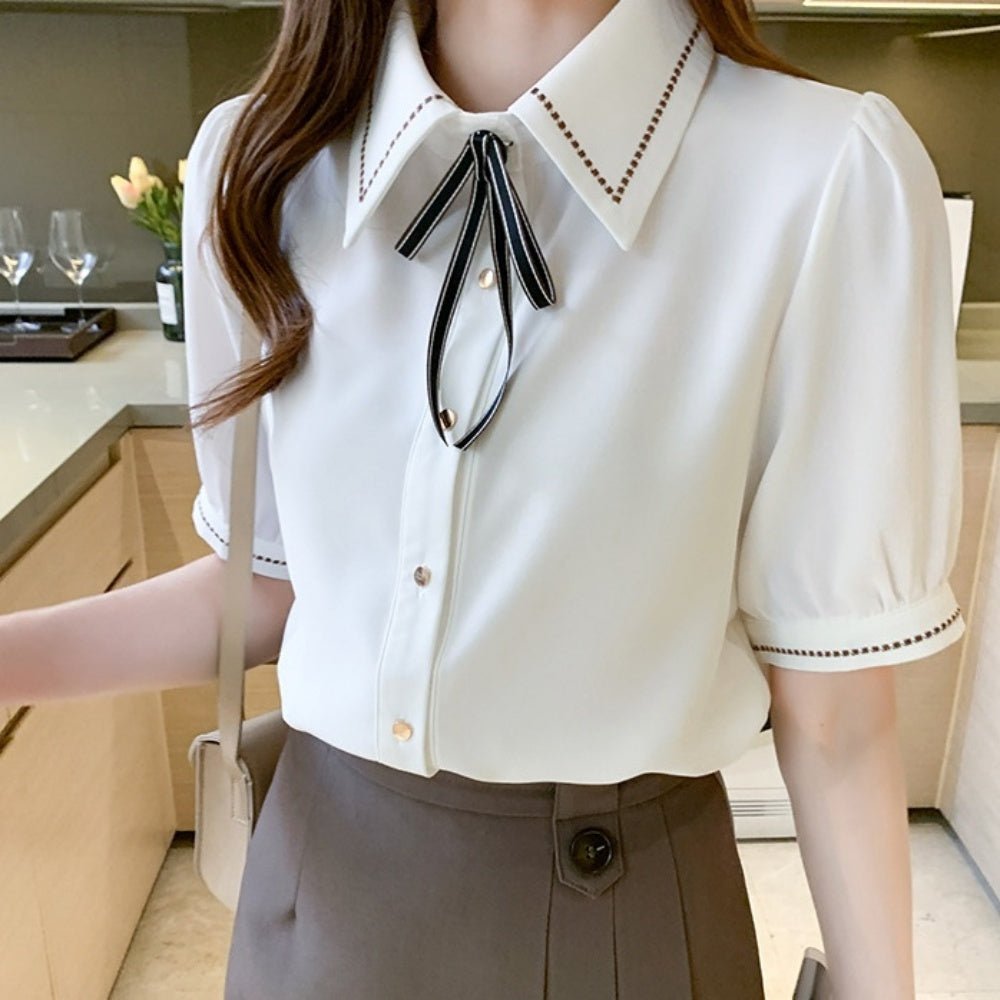 ハーフスリーブ刺繍リボンシャツ