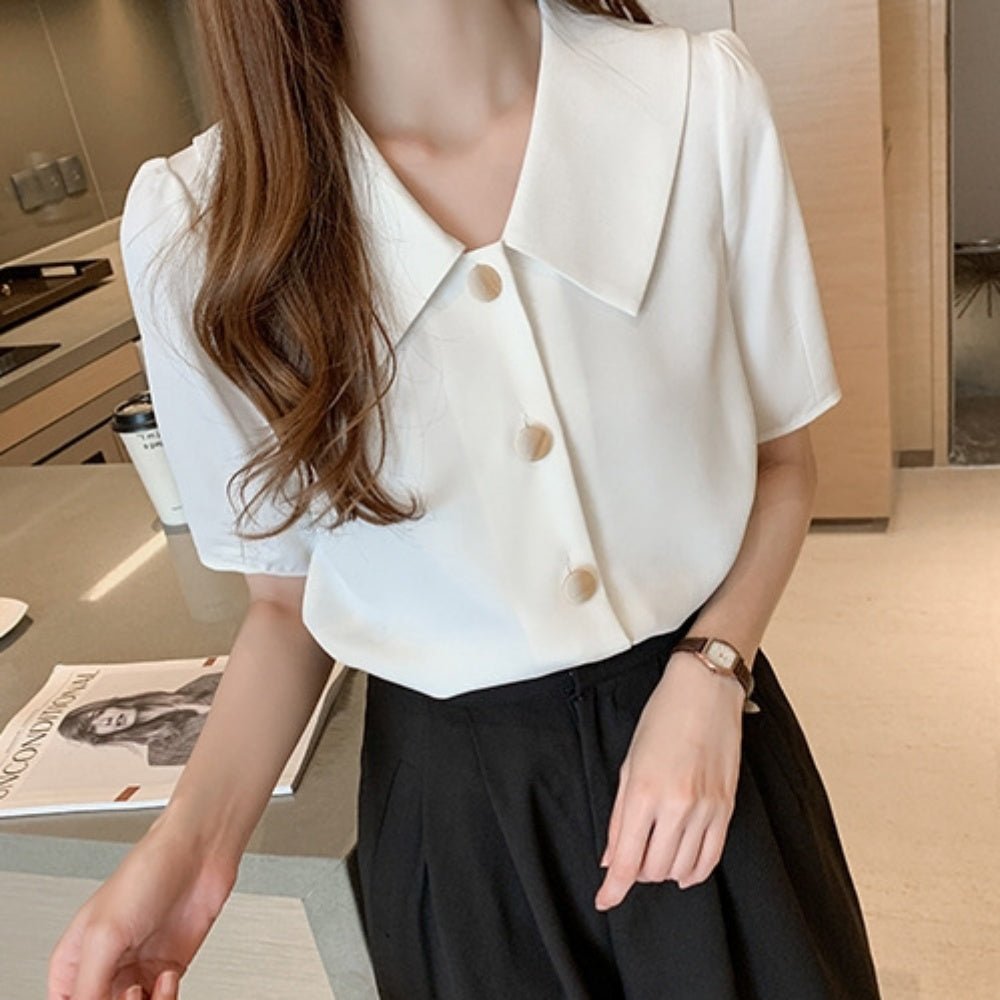 レトロ襟半袖シフォンブラウス