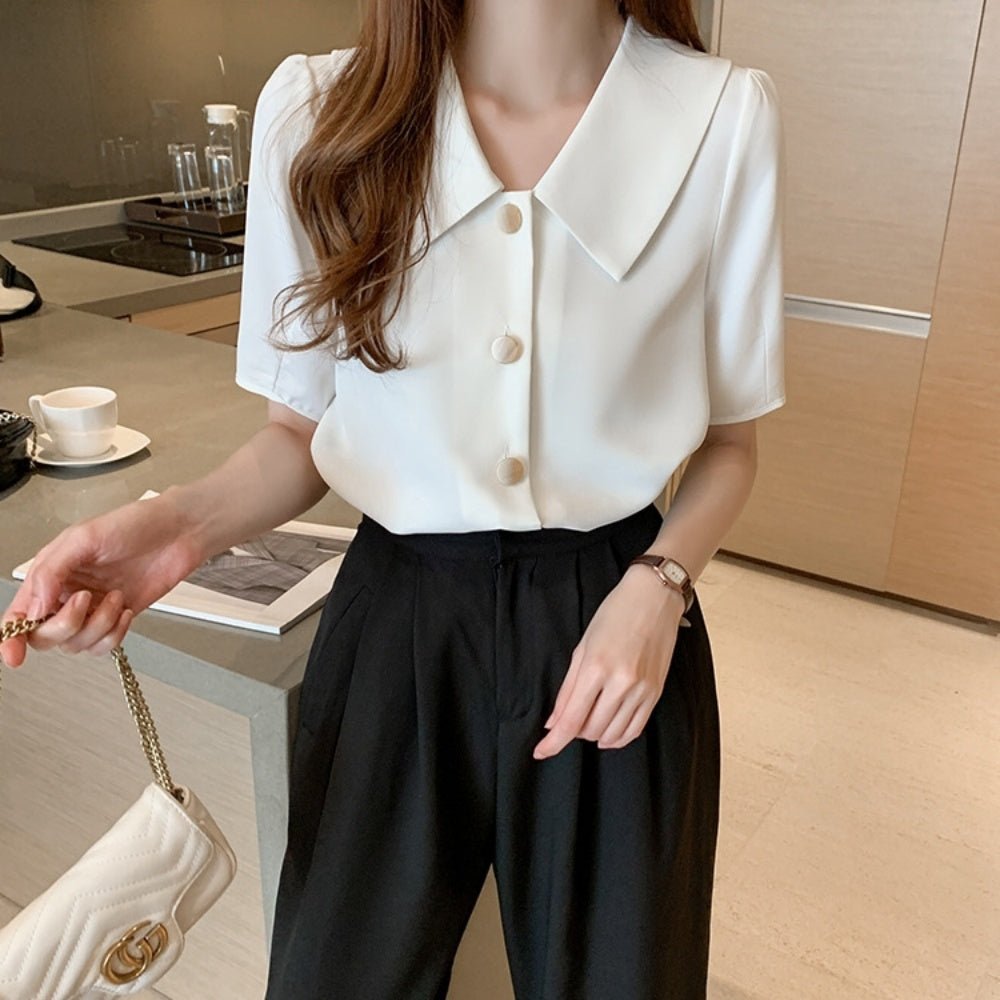 レトロ襟半袖シフォンブラウス