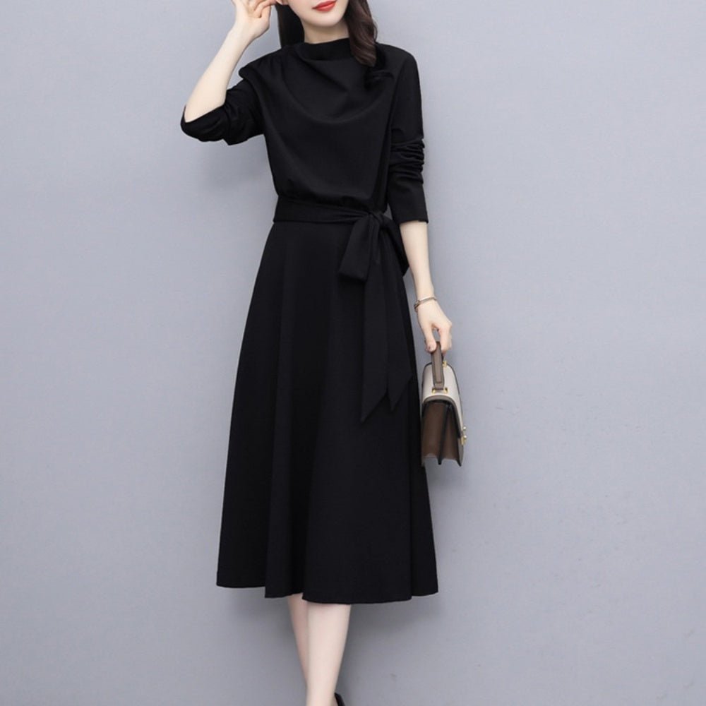 オフィスカジュアル 秋 ウエストリボンハーフネックワンピース ミレジェネ