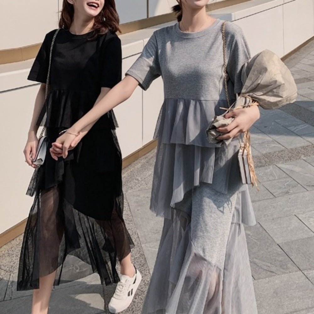 裾シースルードレープ半袖ワンピース - Millennial Generation